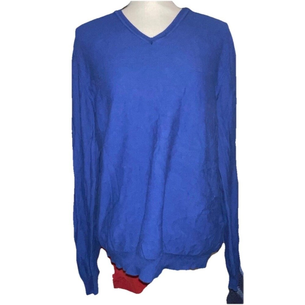 H&M Blue Solid Knit 100% Cotton V-Neck Pullover Long Sleeve Sweater Large